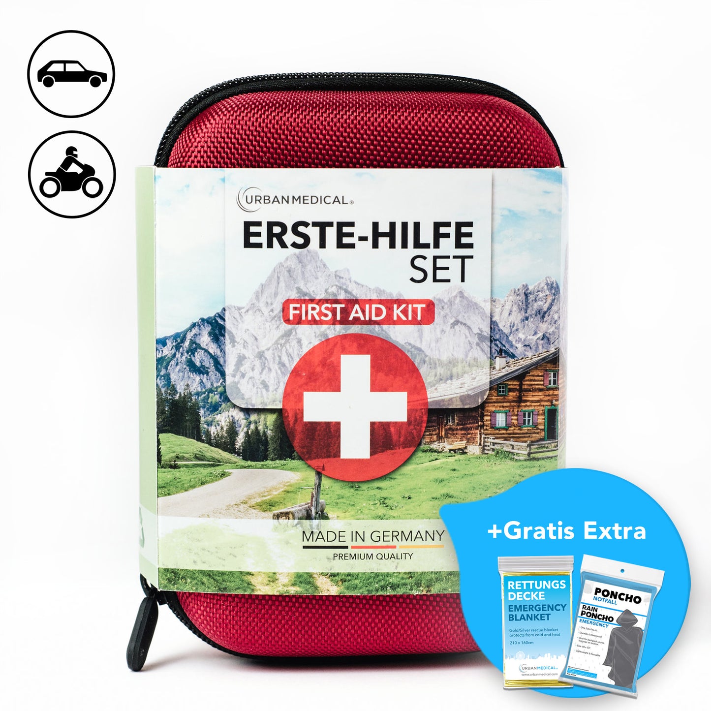 Erste Hilfe Set nach DIN 13167 inkl. gratis Regenponcho & Rettungsdecke